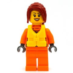 Minifigurka LEGO Coast Guard, Woman, Orange Jumpsuit, Yellow Life Vest, Dark Red Hair