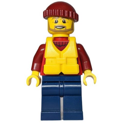 Minifigurka LEGO Man, Open Red Jacket over Dark Red Sweater, Dark Red Hat, Yellow Life Vest, Beard