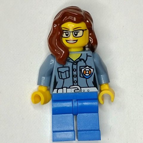 Minifigurka LEGO Coast Guard, Woman, Sand Blue Shirt with Badge, Reddish Brown Hair, Glasses