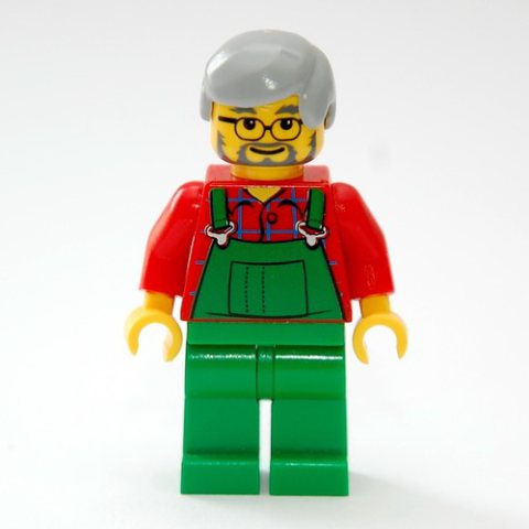Minifigurka LEGO Man, Green Overalls over Red Shirt, Light Bluish Gray Hair, Glasses and Beard