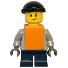 Minifigurka LEGO Boy, Plain Light Bluish Gray Torso, Short Dark Blue Legs, Black Hat, Orange Vest