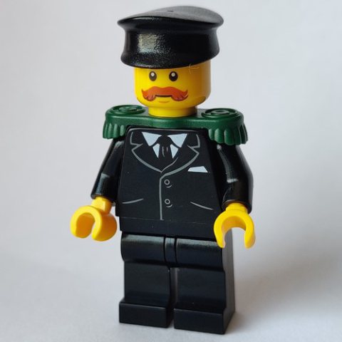 Minifigurka LEGO Musician, Black Jacket and Tie, Dark Green Epaulettes, Black Hat, Moustache