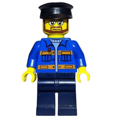Minifigurka LEGO Man, Blue Jacket with Orange Stripes, Dark Blue Legs, Black Hat, Glasses and Beard