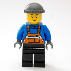 Minifigurka LEGO Man, Orange Overalls over Blue Sweater, Black Legs, Dark Bluish Gray Hat, Brown Eyebrows