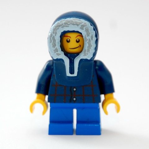 Minifigurka LEGO Boy, Plaid Shirt, Short Blue Legs, Dark Blue Hood