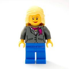 Minifigurka LEGO Woman, Dark Bluish Gray Jacket with Magenta Scarf, Blue Legs, Bright Light Yellow Hair