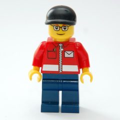 Minifigurka LEGO Postal Worker, Red Jacket with Zipper and Letter Logo, Dark Blue Legs, Black Cap, Glasses