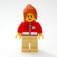 Minifigurka LEGO Postal Worker, Woman, Red Jacket with Zipper and Letter Logo, Dark Orange Hair