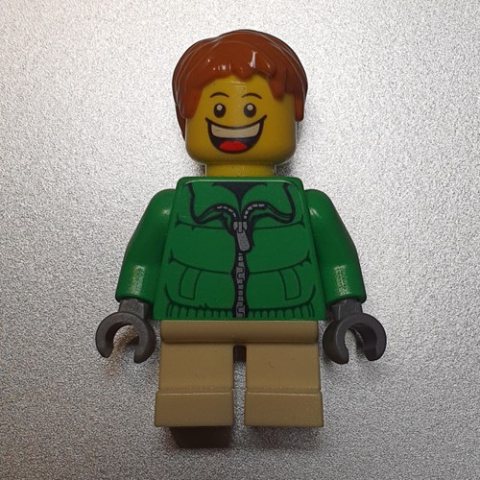 Minifigurka LEGO Boy, Green Jacket, Short Tan Legs, Dark Orange Hair