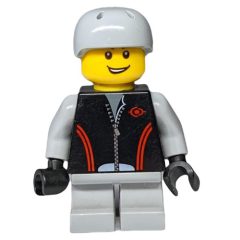 Minifigurka LEGO Boy, Black Jacket with Zipper, Short Light Bluish Gray Legs, Helmet