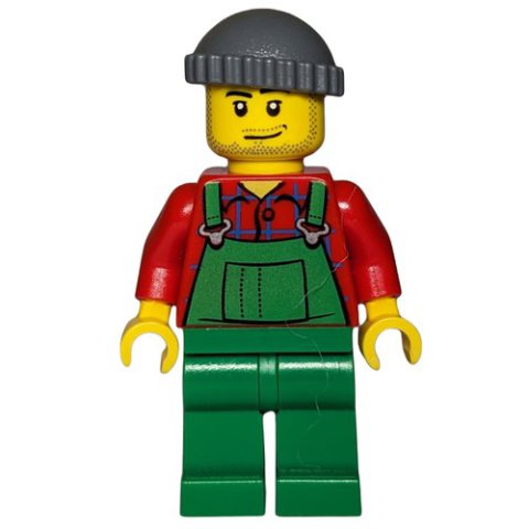 Minifigurka LEGO Man, Green Overalls over Red Shirt, Dark Bluish Gray Hat, Stubble