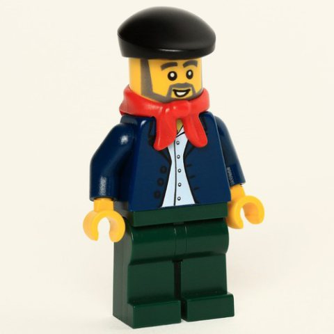 Minifigurka LEGO Man, Open Dark Blue Jacket, Dark Green Legs, Red Scarf, Black Beret, Beard