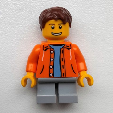 Minifigurka LEGO Boy, Open Orange Jacket, Short Light Bluish Gray Legs