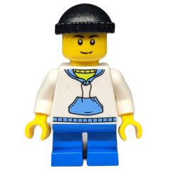 Minifigurka LEGO Boy, White and Blue Hoodie, Short Blue Legs, Black Hat