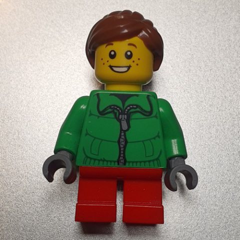 Minifigurka LEGO Girl, Green Jacket, Short Red Legs, Reddish Brown Hair