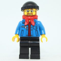 Minifigurka LEGO Man, Open Denim Jacket, Black, Legs, Red Scarf, Black Hat