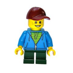 Minifigurka LEGO Boy, Open Dark Azure Hoodie with Zipper, Short Dark Green Legs, Dark Red Cap