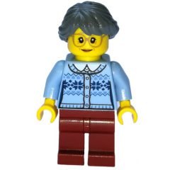 Minifigurka LEGO Woman, Bright Light Blue Cardigan, Dark Red Legs, Dark Grayish Blue Hair