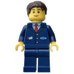 Minifigurka LEGO Conductor, Blue Suit with Train Logo, Dark Brown Hair