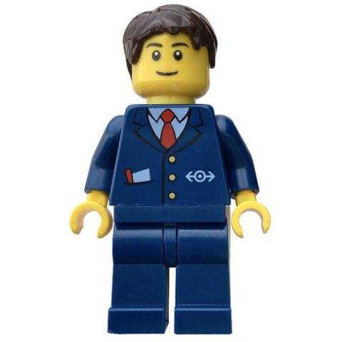 Minifigurka LEGO Conductor, Blue Suit with Train Logo, Dark Brown Hair