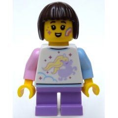 Minifigurka LEGO Girl, White Shirt with Unicorn, Short Medium Lavender Legs, Star and Rainbow Face Paint