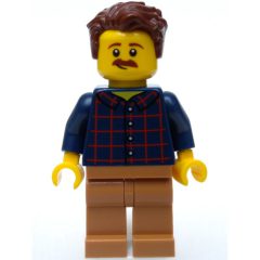 Minifigurka LEGO Man, Dark Blue Plaid Shirt, Medium Nougat Legs, Moustache