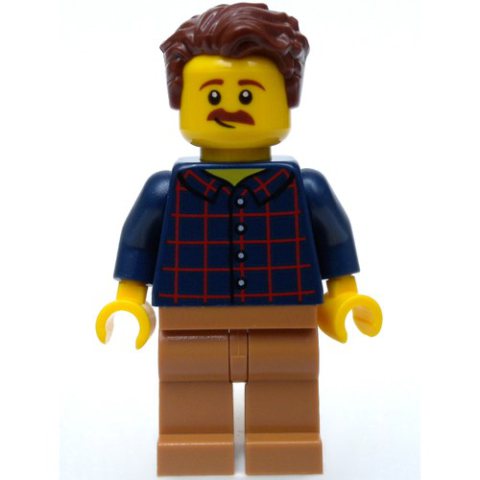 Minifigurka LEGO Man, Dark Blue Plaid Shirt, Medium Nougat Legs, Moustache
