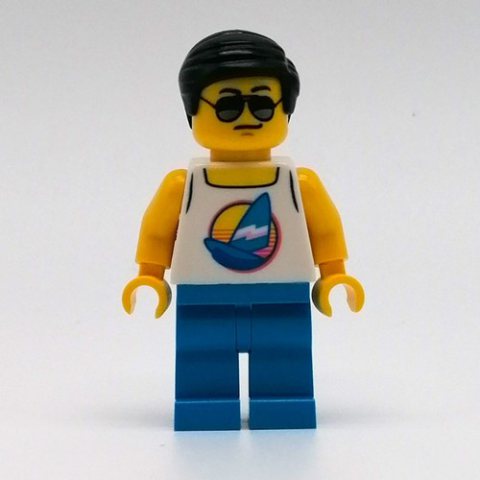 Minifigurka LEGO Man, White Tank Top with Windsurfer, Dark Azure Legs, Sunglasses