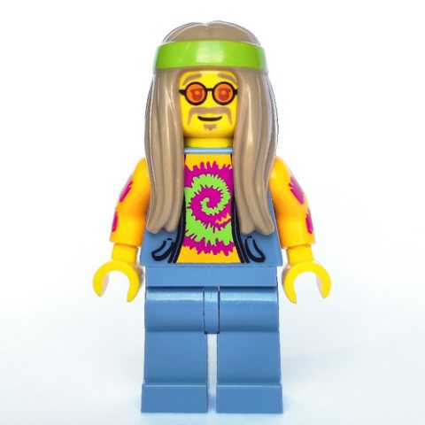 Minifigurka LEGO Flower Child, Open Sand Blue Vest over Bright Light Orange Shirt, Long Dark Tan Hair