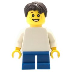 Minifigurka LEGO Boy, Plain White Torso, Short Blue Legs, Dark Brown Hair