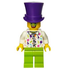 Minifigurka LEGO Man, White Shirt with Balloons, Party Hats, and Streamers, Lime Legs, Dark Purple Top Hat, Star Glasses