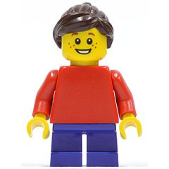 Minifigurka LEGO Girl, Plain Red Torso, Short Dark Purple Legs, Dark Brown Hair