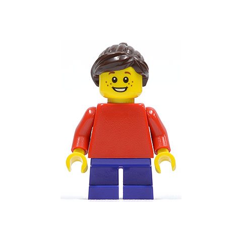 Minifigurka LEGO Girl, Plain Red Torso, Short Dark Purple Legs, Dark Brown Hair