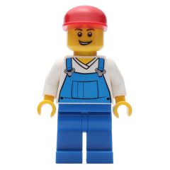 Minifigurka LEGO Man, Blue Overalls over White V-Neck Shirt, Red Cap, Open Mouth