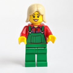 Minifigurka LEGO Woman, Green Overalls over Red Paid Shirt, Tan Hair
