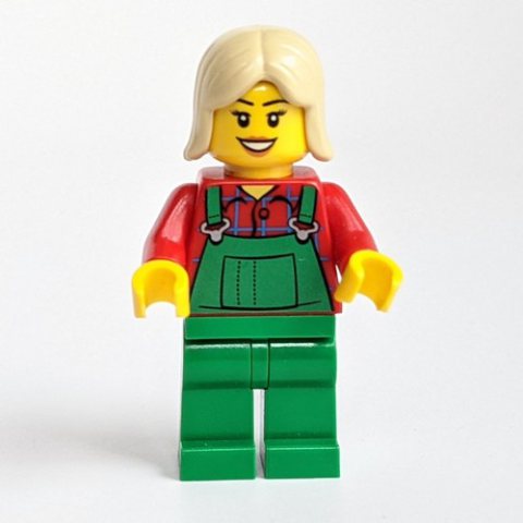 Minifigurka LEGO Woman, Green Overalls over Red Paid Shirt, Tan Hair
