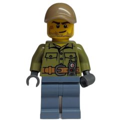 Minifigurka LEGO Volcano Explorer, Man, Olive Green Shirt, Sand Blue Legs, Dark Tan Cap, Stubble