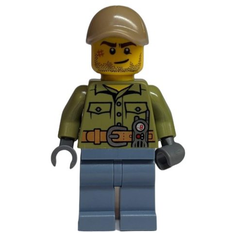 Minifigurka LEGO Volcano Explorer, Man, Olive Green Shirt, Sand Blue Legs, Dark Tan Cap, Stubble