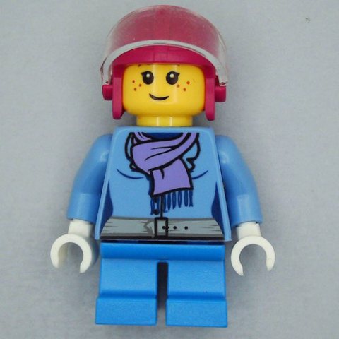 Minifigurka LEGO Girl, Medium Blue Jacket with Medium Lavender Scarf, Short Dark Azure Legs, Magenta Helmet with Visor