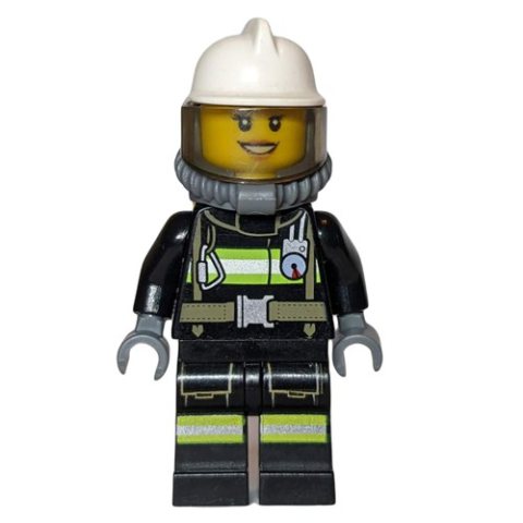 Minifigurka LEGO Firefighter, Female, Black Fire Suit with Gauge and Straps, White Helmet, Breathing Apparatus, Airtanks (3626cpr0893 Head)