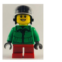 Minifigurka LEGO Boy, Green Jacket, Short Red Legs, Black Helmet with Visor