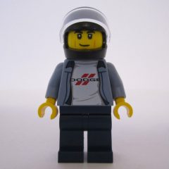 Minifigurka LEGO Race Driver, Sand Blue Torso, Dark Blue Legs, Black Helmet, Dodge