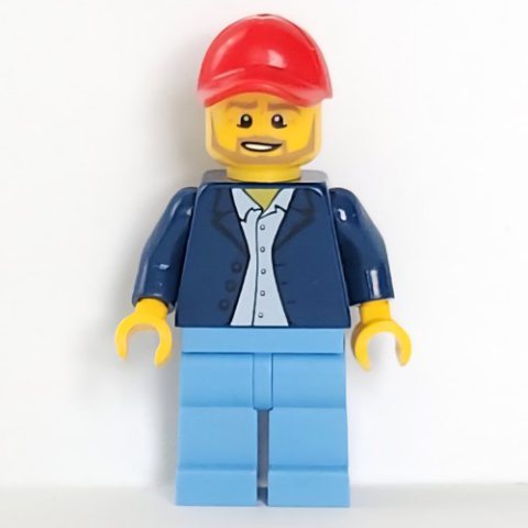 Minifigurka LEGO Race Official, Dark Blue Torso, Medium Blue Legs, Red Cap