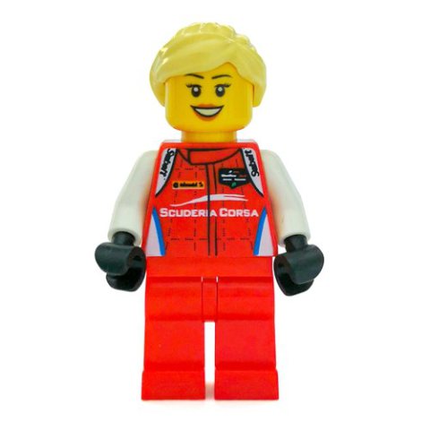 Minifigurka LEGO Race Driver, Red Torso, Red Legs, Black Helmet, Ferrari, Bright Light Hair