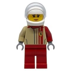 Minifigurka LEGO Race Driver, Tan Torso, Red Legs, White Helmet, Ferrari