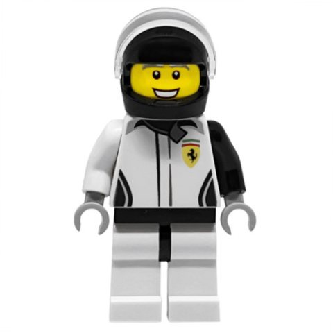 Minifigurka LEGO Race Driver, White Torso, White Legs, Black Helmet, Ferrari