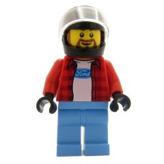 Minifigurka LEGO Race Driver, Red Torso, Medium Blue Legs, Black Helmet, Ford
