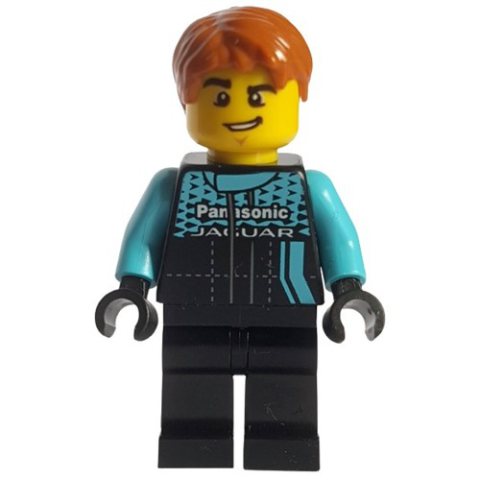 Minifigurka LEGO Race Driver, Black Torso, Black Legs, Jaguar