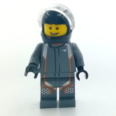Minifigurka LEGO Race Driver, Dark Bluish Gray Torso, Dark Bluish Gray Legs, Black Helmet, McLaren
