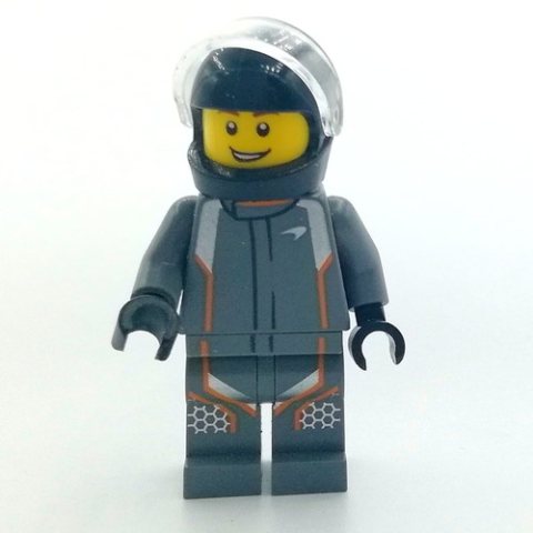 Minifigurka LEGO Race Driver, Dark Bluish Gray Torso, Dark Bluish Gray Legs, Black Helmet, McLaren